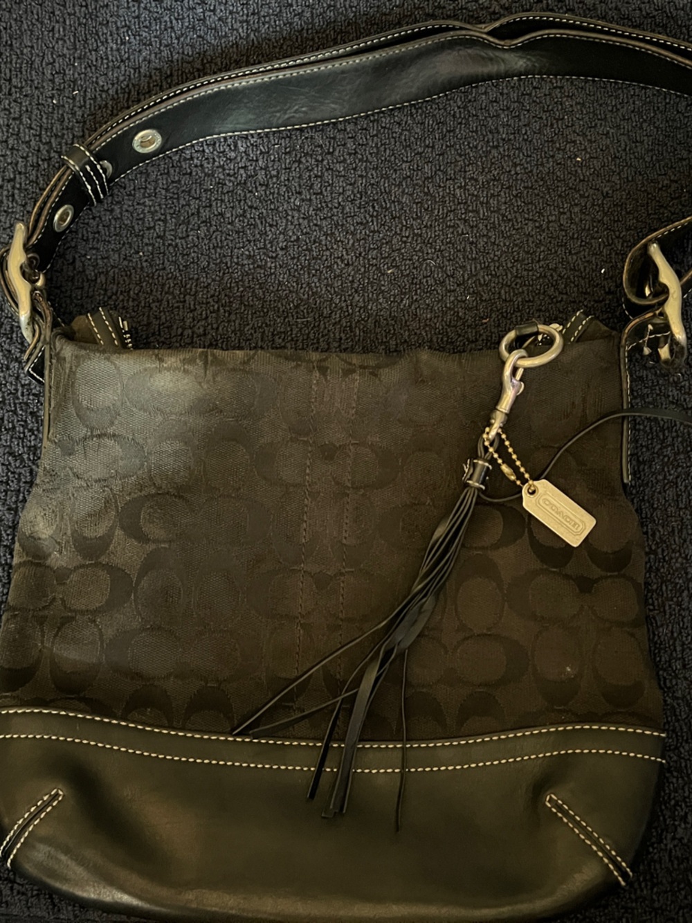 Coach Black Signature Canvas Hobo with Leather Tassel